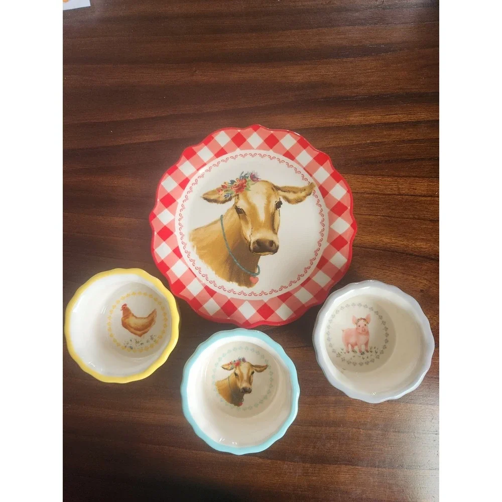Pioneer Women Stoneware Ramekins Gingham Farm Animals 3 Ramkins & 1 plate